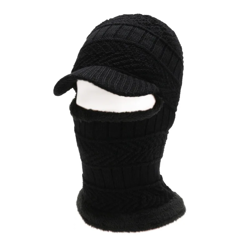 Men Bib Integrated Windproof Winter Hat Full Face Hood Visor Skull Headgear Fleece Lined Warm Hat Scarf Two Piece Set