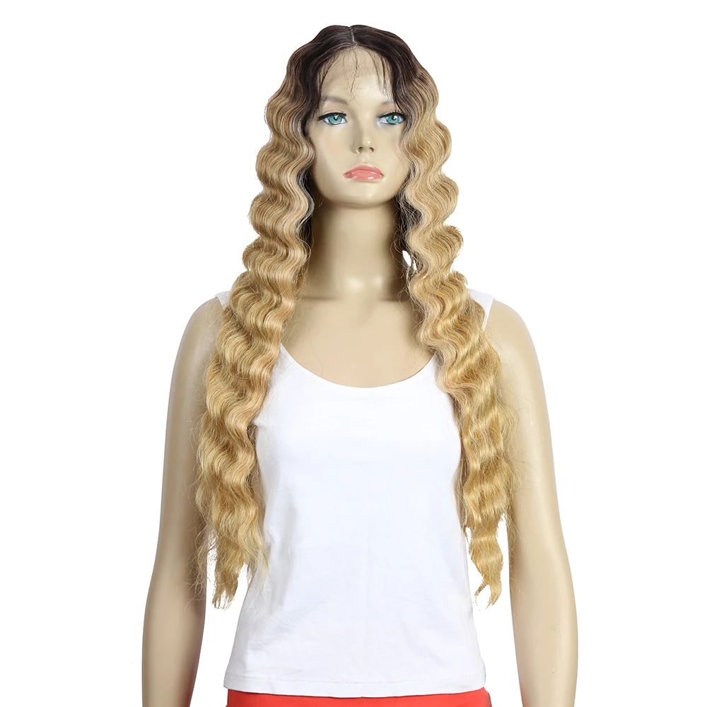 Hot Selling Swiss Long 28 Inch Wavy Lace Front Wigs For Black Women Synthetic Blonde Cosplay Wig  Heat Resistant Synthetic Wigs