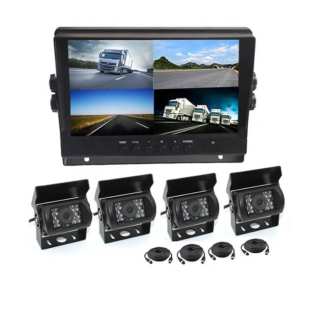 Gannyin 24V heavy duty 9 inch quad monitor 4 recorder night vision front rear right left side camera truck camera kit system