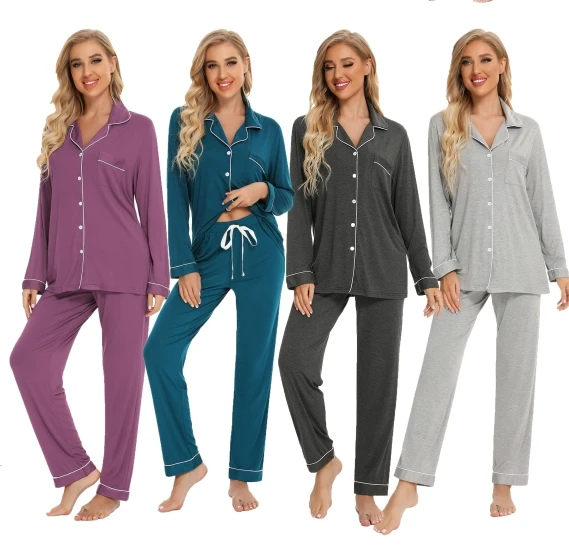 Custom bamboo lady women sets long sleeve solid color pamas sleepwear winter autumn spandex pjs