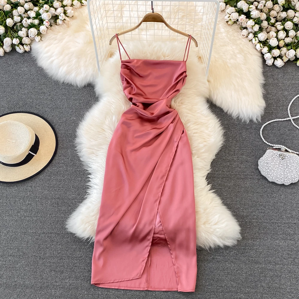 ZL0002 Solid Colour Strapless Midi Party Dresses for Women Sexy Pleated Split Prom Dress in Woven Cloth with Pattern Decoration