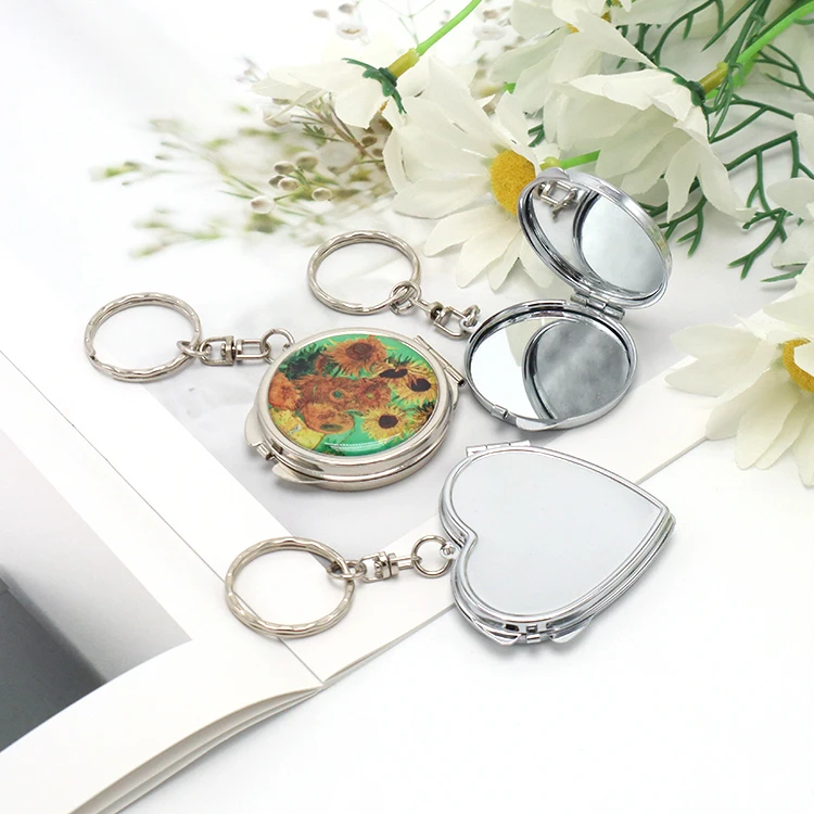 Custom Logo Makeup Compact Pocket Love Mirror Keychain Metal Portable museum souvenirs Folding Mirror Cosmetic Compact Mirror