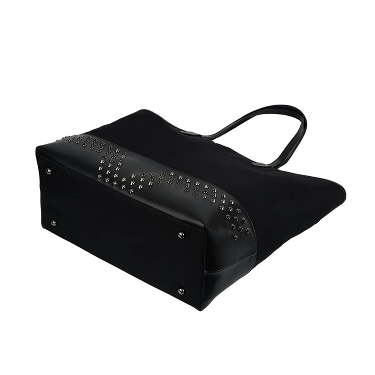 Popular High Density Water-resistant Trendy Black Nylon Work Tote Rivet Shoulder Bag Handbag for Women