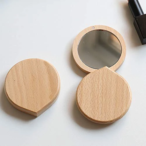 Women Wooden Custom Logo Round Mini Hand Held Rotating Design Travel Portable Makeup Mirrors Wood Compact Pocket Cosmetic Mirror