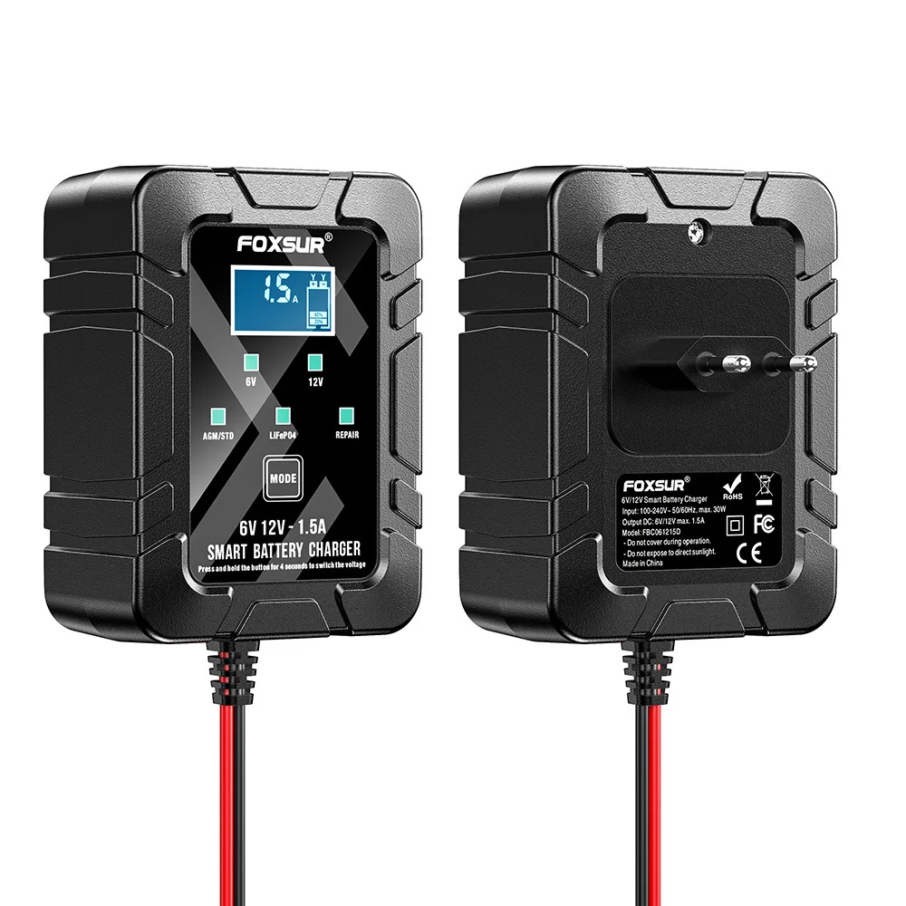 FOXSUR 1.5A Car 12V 6V Motorcycle Battery Charger for Lead-acid Lithium Iron Battery Charger
