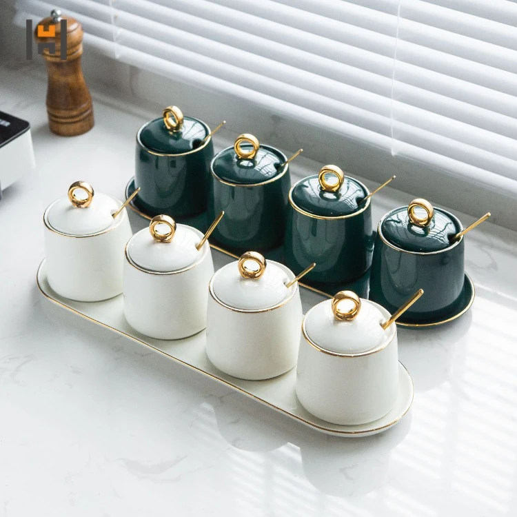 Luxury Ceramic Spice Jars Sets Porcelain Kitchen Storage Seasoning Box Set