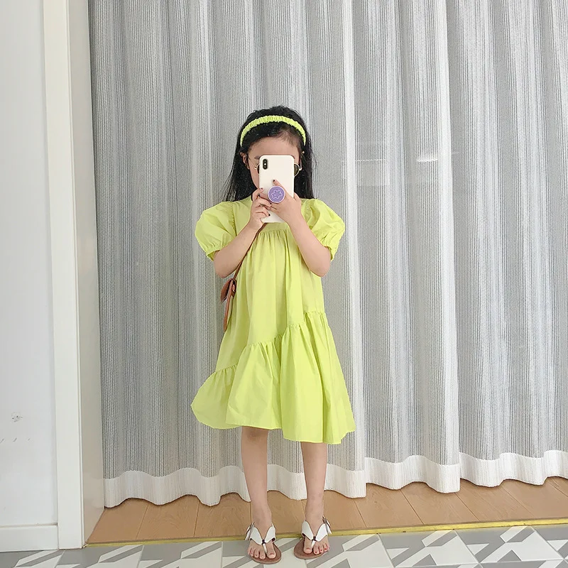 2021 New Fashion Kid  Toddler Girl Neon Green Ruffle Solid Dress for Summer 3-7T