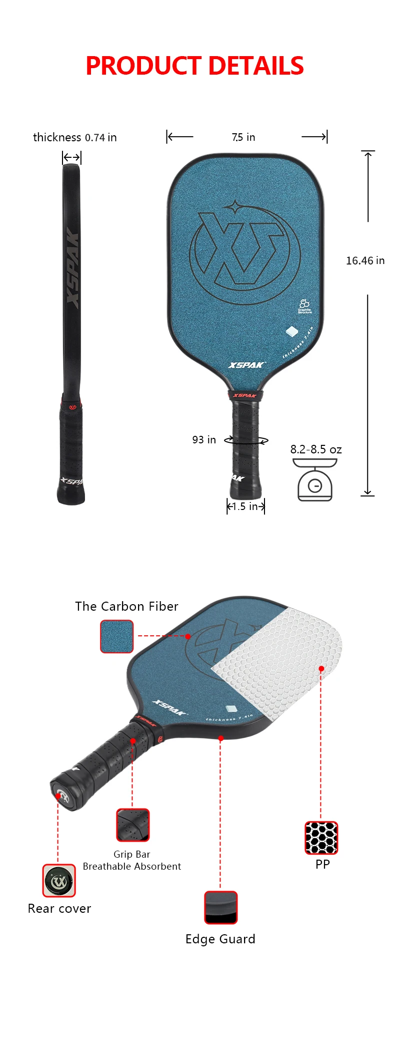 Custom Usapa Approved Carbon Fiber Pickleball Paddle with Sand Spraying Surface Pickleball Paddle