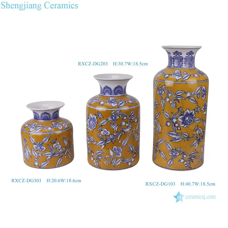 RXCZ-DG103-DG203-DG303 Dark Yellow Glazed blue and white leaf pattern Ceramic straight tube bottle flower vase decoration