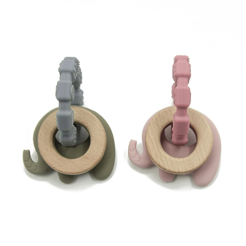 Wholesale 2021 baby elephant shape animal silicone teethers bracelet  beech wood wooden teething ring sensory toys bpa free