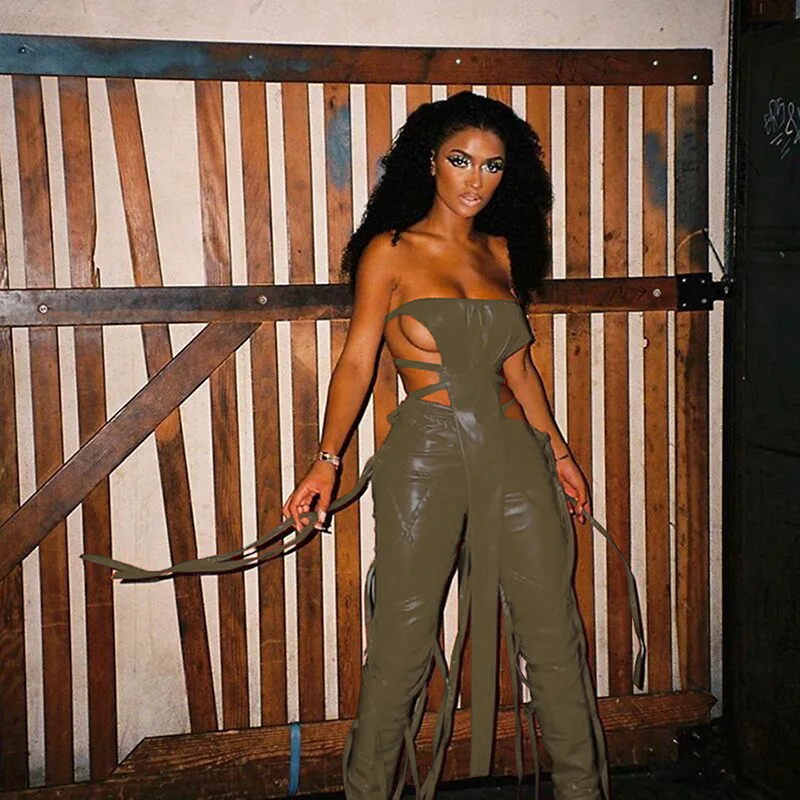 Personalized inclined Skinny Ribbons high waisted pleated leggings Tassel Faux ribbon casual Pu leather lace up pants women