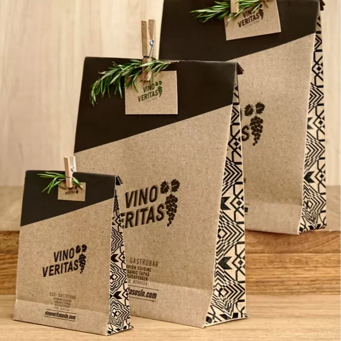 Custom logo printed die cut Shopping Gift Handle Craft Printing Food Takeaway Packaging Black White Brown Kraft Paper Bag