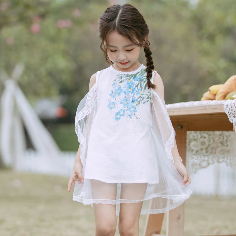 
Elegance Flower Print Mesh Overlay Cold Shoulder Smocked Dress for Girls 