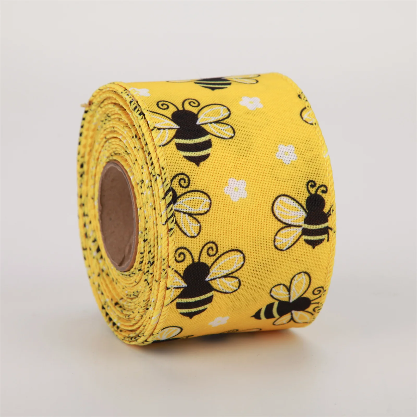 2.5 Inch Wired Ribbon Summer Sunflower  Bumblebee Ribbon Burlap Wired Ribbons For Crafts Wreath Decoration