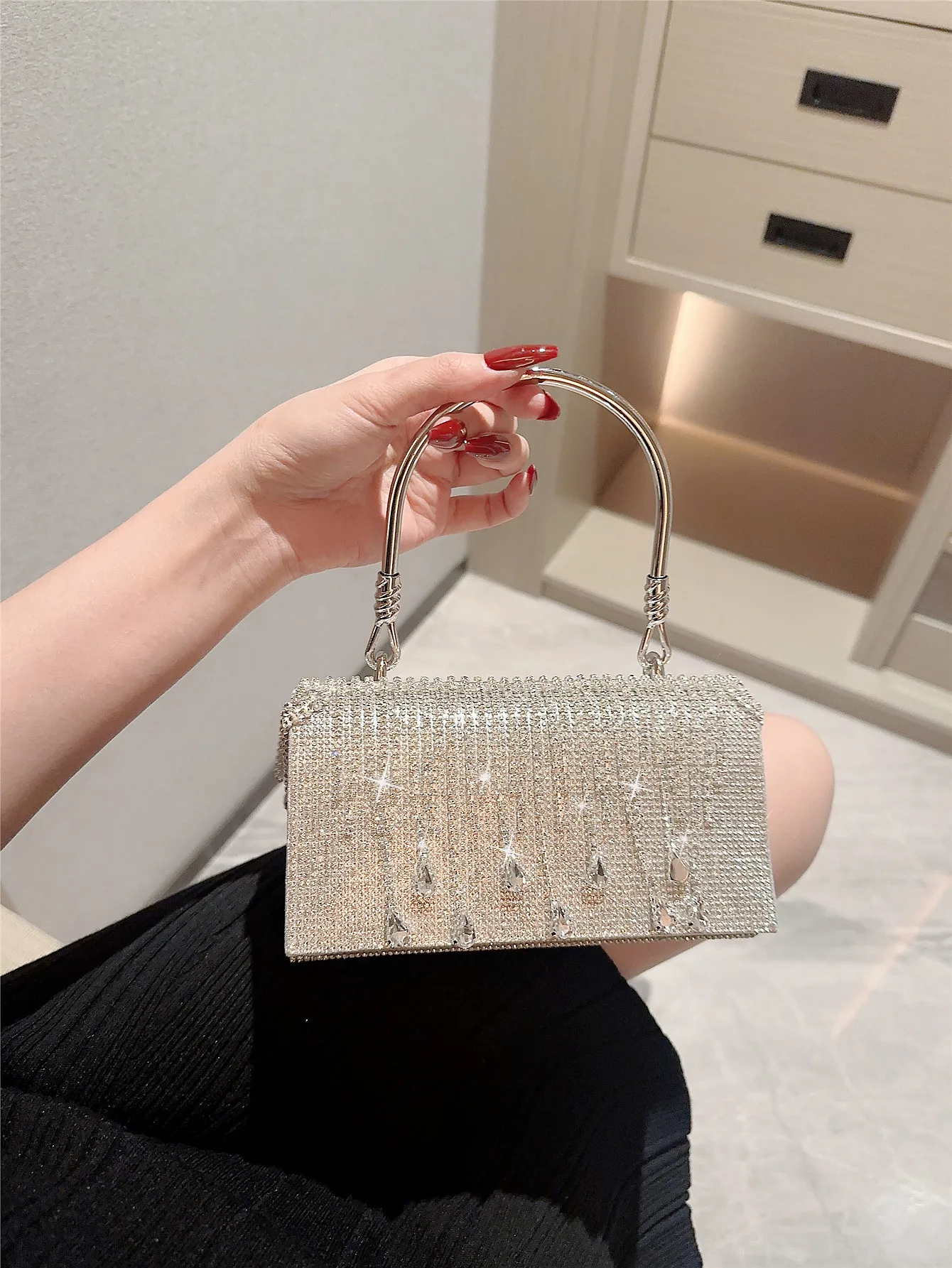 Tassel Rhinestone Handbag Evening Bag For Women Shiny Crystal Sparkle PU Clutch Dinner Bag Wholesale