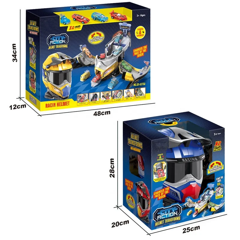 KUNYANG new creative helmet transforming kids game garage fire rescue car game plastic electric track toy parking lot toys sale