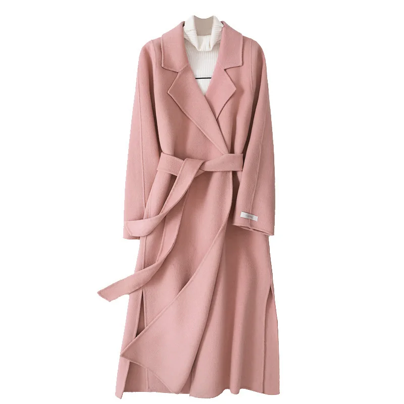Korea Double Face Turn-down Collar Women Long Cashmere Wool Coats with Belt