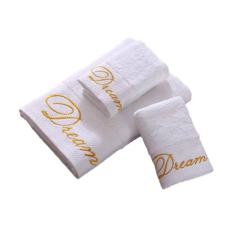 Hot Selling custom hotel logo white towels 100% Cotton Dobby border Bath Towel Sets for spa bathroom