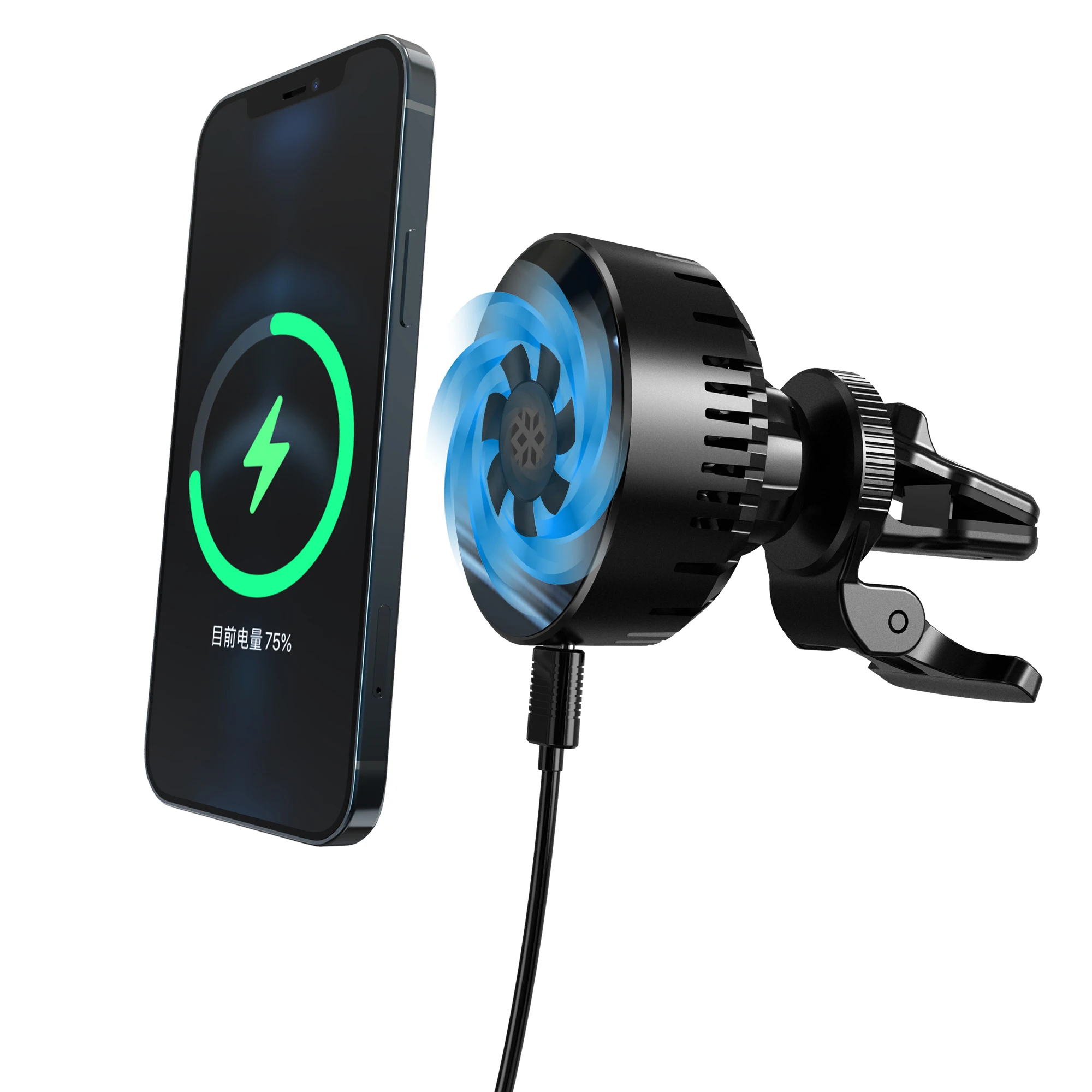 15W Magnetic Wireless Car Charger Holder For iPhone12/13 , Fast Wireless Car Charger With Cool Fan