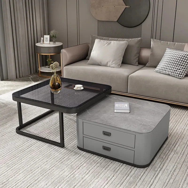 Light Luxury Modern Living Room Household Small Flat Rock Plate square Retractable Glass TV Stand Set