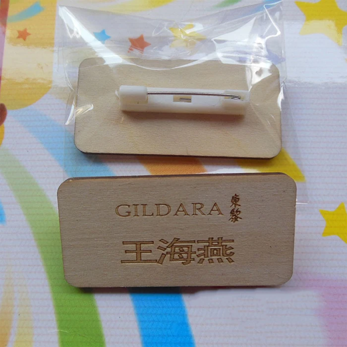 Small MOQ Custom Print Engraved Wooden Name Tag Badge for Office Worker