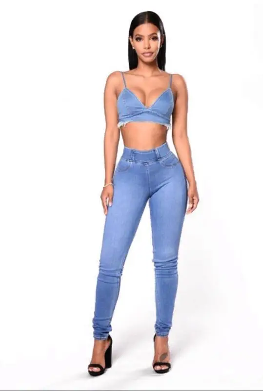 Fashion elasticity high waist denim jeans women skinny high quality pencil cotton denim jeans pants blue trousers