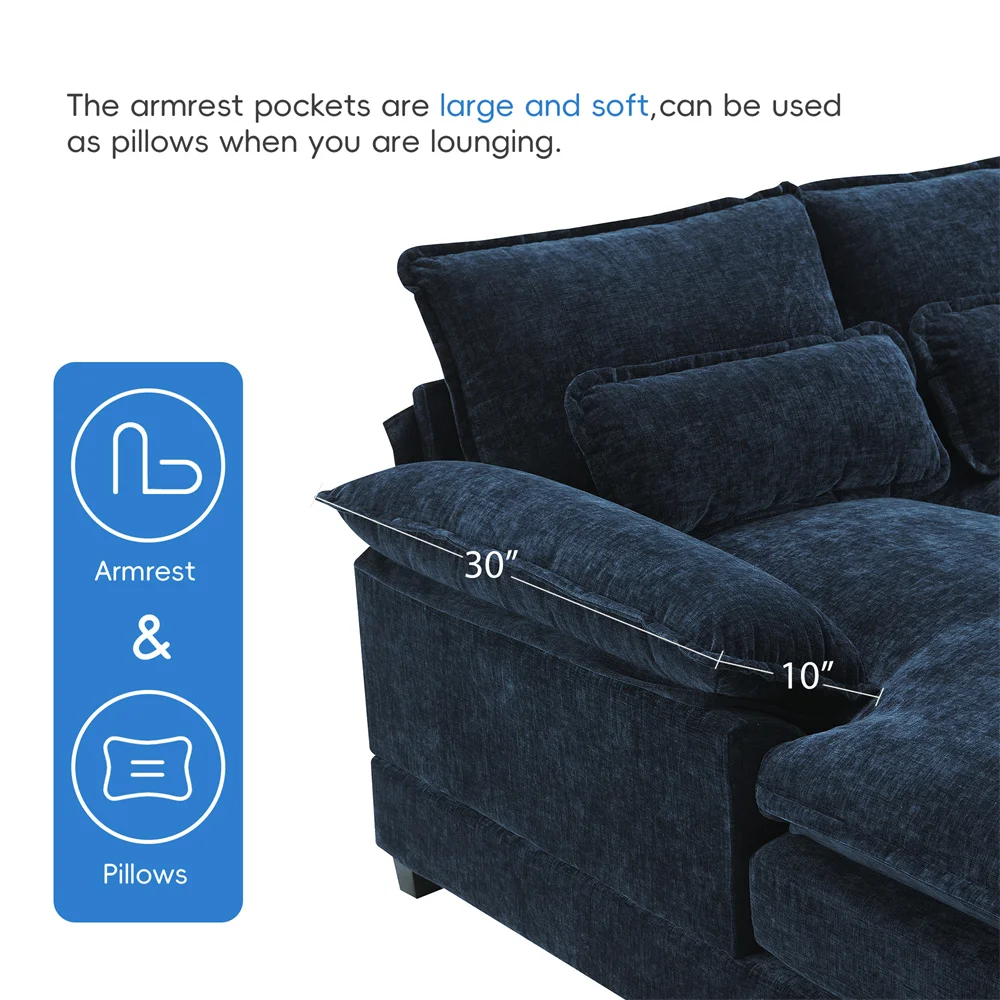 Japanese Dark Blue Sleeper Sofa Couch U-shaped Sectional Sofa with Waist Pillows Double Chaise Lounge for Living Room Apartment
