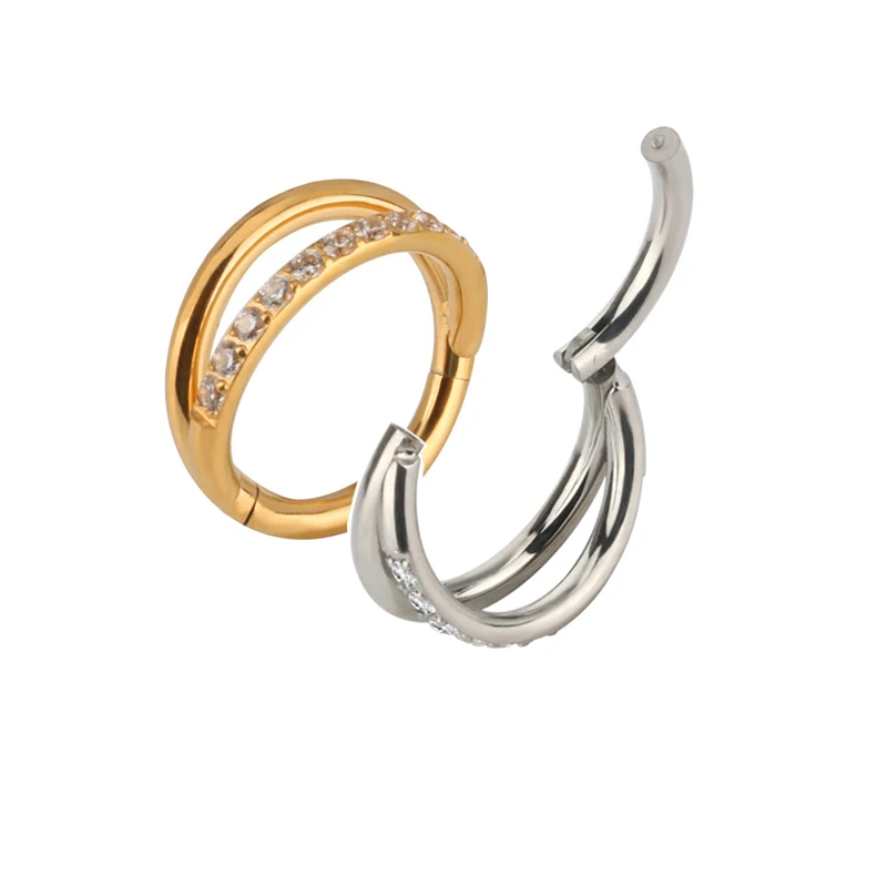 Piercing Earring Nose Nail Jewelry G23 Titanium 2 Fans Out Design Side Facing with CZ Pave One Side Segment Ring