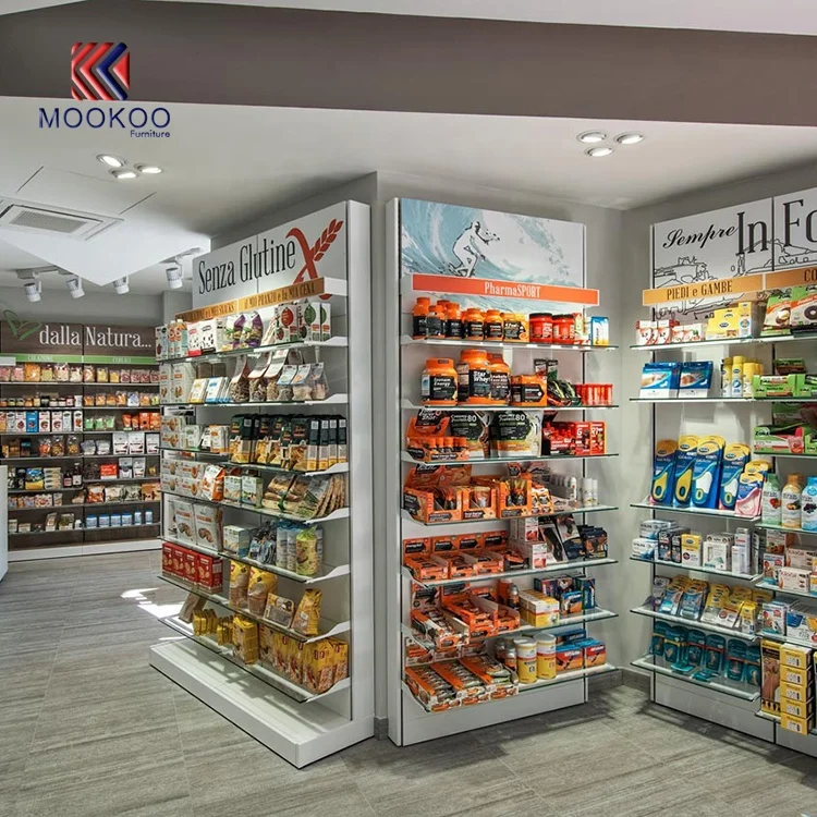 Modern Style Wooden Pharmacy Shop Showcase Drug Store Display Shelves with Cashier Counter