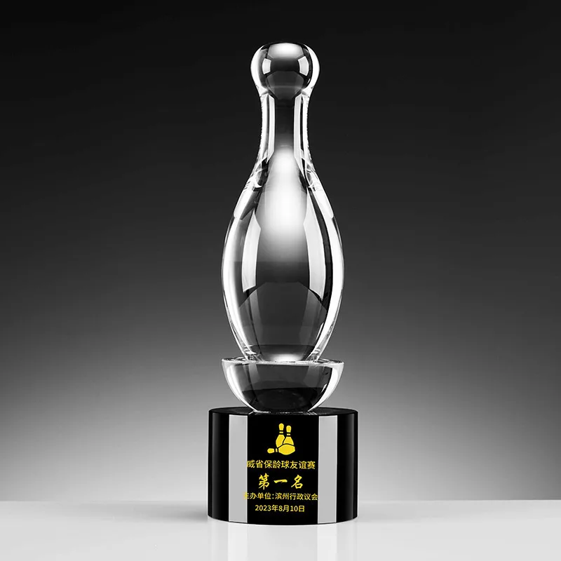 Custom hot sale luxury transparent bowling pins ball Trophy Cup Metal Sports Award glass crystal Bowling Trophy with holder