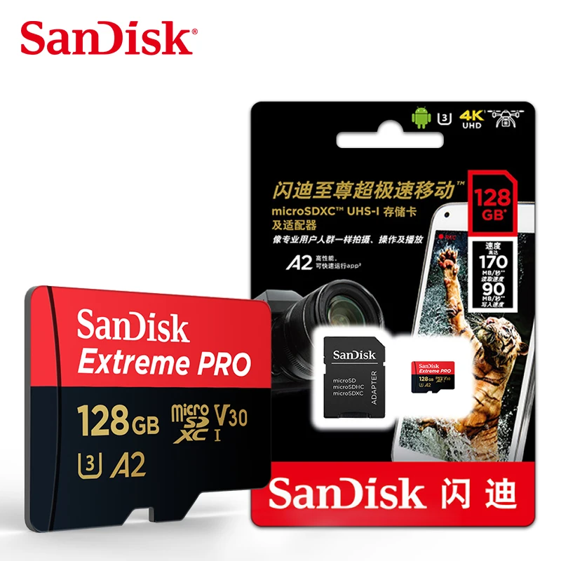 Оптом и продажи оригинальные двойной флеш-накопитель SanDisk A2 Extreme PRO micro sd карты 128 ГБ до 170 МБ/с. скорость чтения флэш-памяти TF/SD microsd для спортивной экшен-камеры 4K