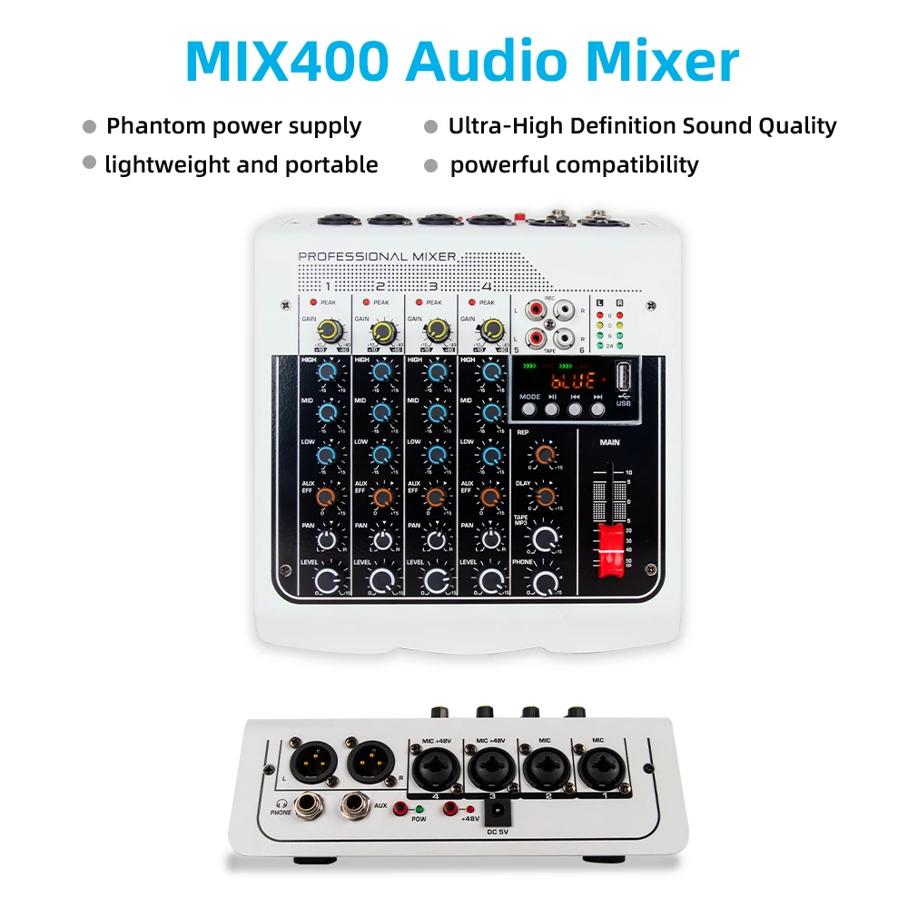 MIX400 4 Channel Sound Mixing Console USB Recording Computer 48V Phantom Power Delay Repaeat Effect Audio Sound Card & Mixer