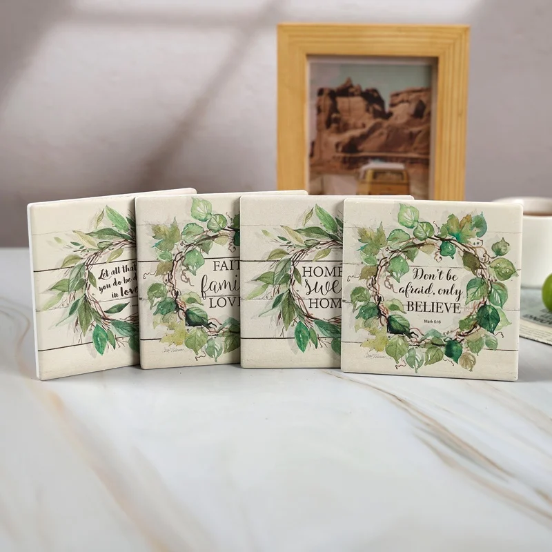 Wholesale customization square marble absorbent ceramic coasters for drinks cup mat in wooden holder