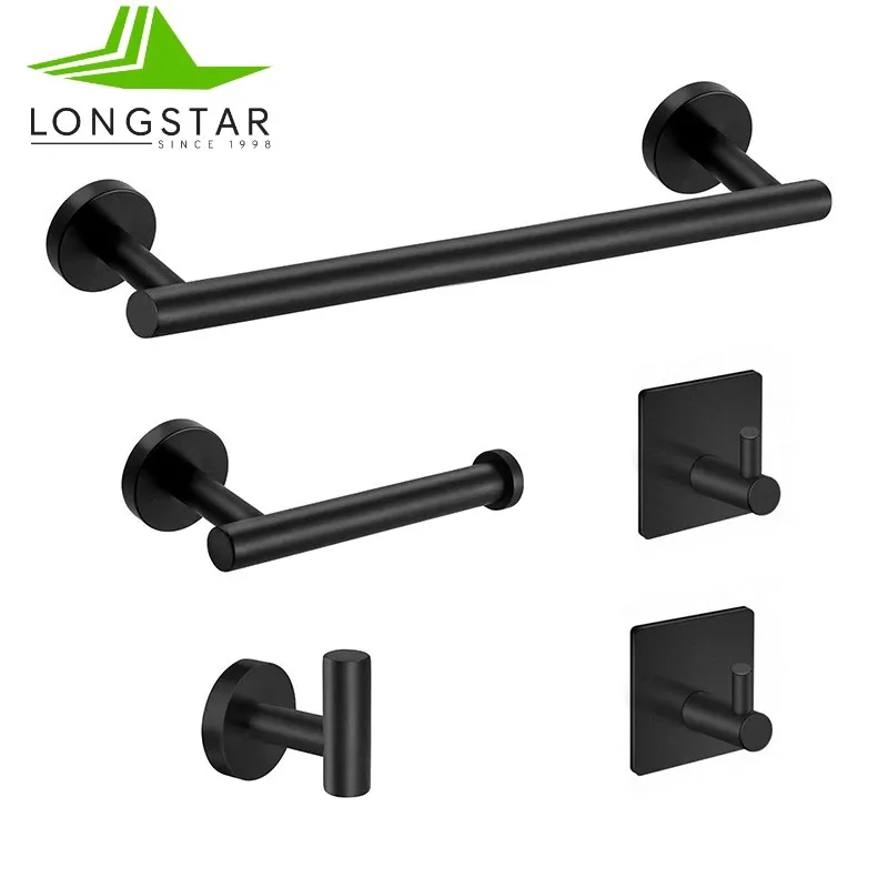 Stainless Steel Bathroom Hardware Set Paper Towel Holder Bathrobe Hook Towel Bar Black Silver 5 Piece Set