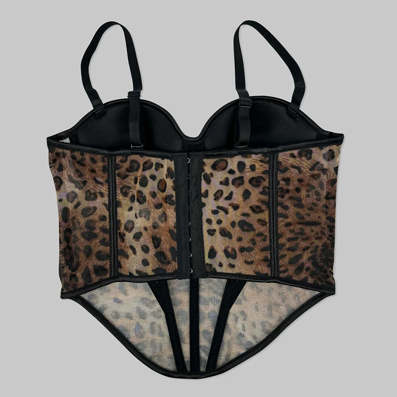 Leopard Print Fabric Corset Top Overbust Fishbone Slimming Corset Mesh See-through Corset Removable Strap