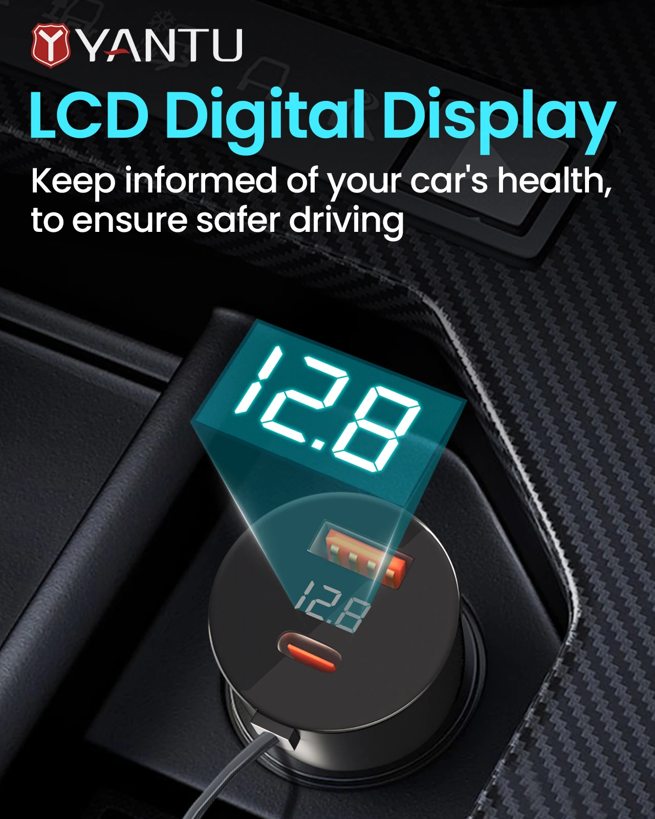 YANTU B33 78W Dual Type-C USB Ports High Power 12V 24V PD QC 3.0 USB-C Fast Car Charger for Laptop Tablet And Mobile Phone