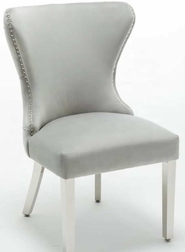 
Grey color back with buttons decoration studs around velvet fabric with stainless metal legs dining chair 