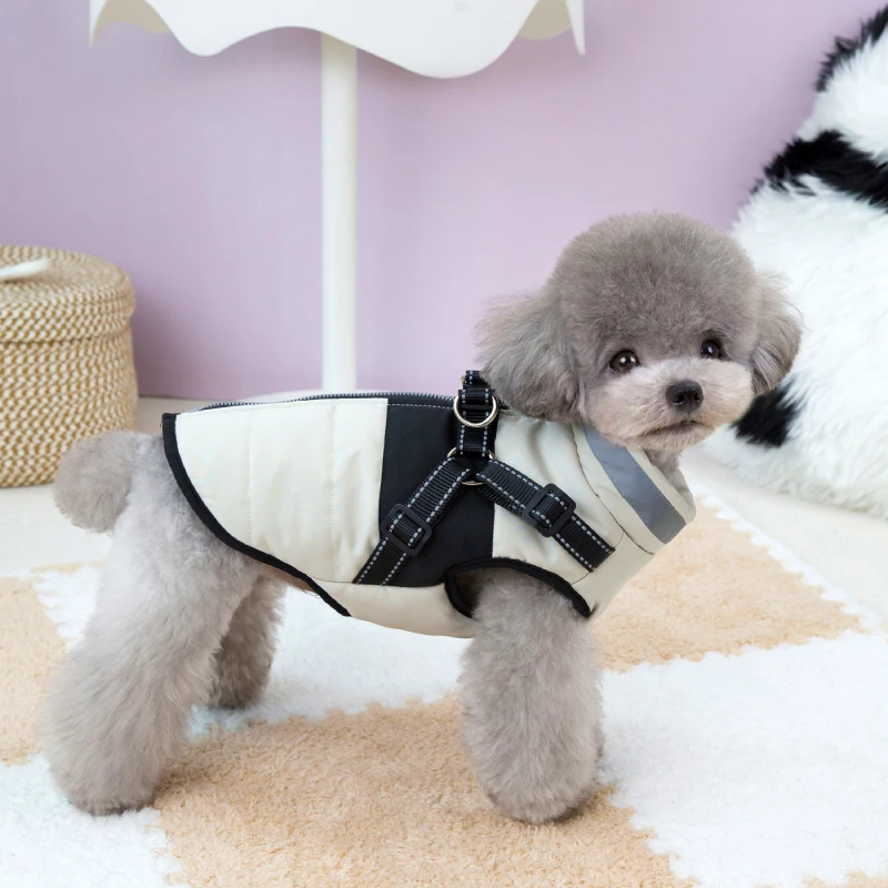 Hot Sale Winter Padded Dog Coat with Reflective Striped Harness Vest Warm Pet Jacket Outdoor Windproof Puppy Clothes