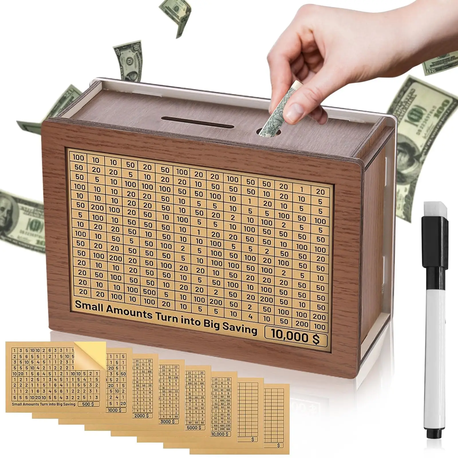 Wooden Adult Money Saving Box with Dry Erase Pen 10000 5000 3000 2000 1000 500 Challenge Money Banks Blank Savings Trackers