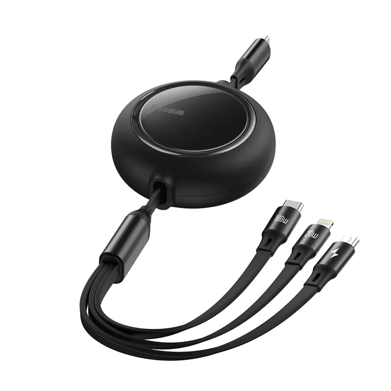 Baseus 100W 1.2m 3 in 1 Type-C to M+L+C Retractable Transfer Fast Charging Charger Data