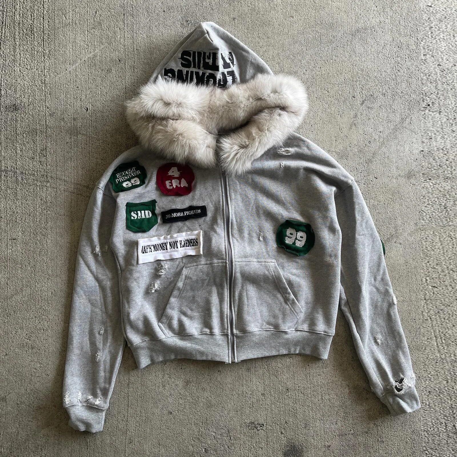 manufacture custom streetwear graphic patch embroidery zipper jacket fluffy zip up faux fur hoodie