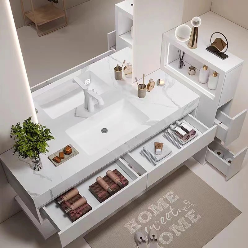 Hot Sale Single Sink Marble Bathroom Cabinet Modern Floating Washroom Solid Wood Vanity With Mirror