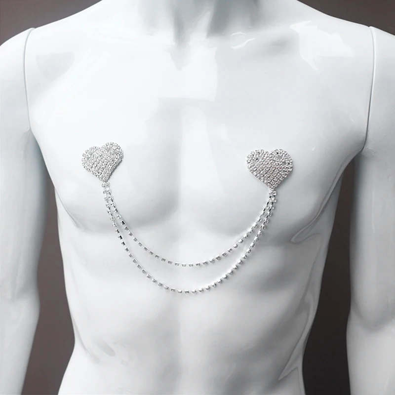 Rhinestone Glitter Love Heart Chest Stickers Necklace Rhinestone Chain Chest Nipple Cover Sexy