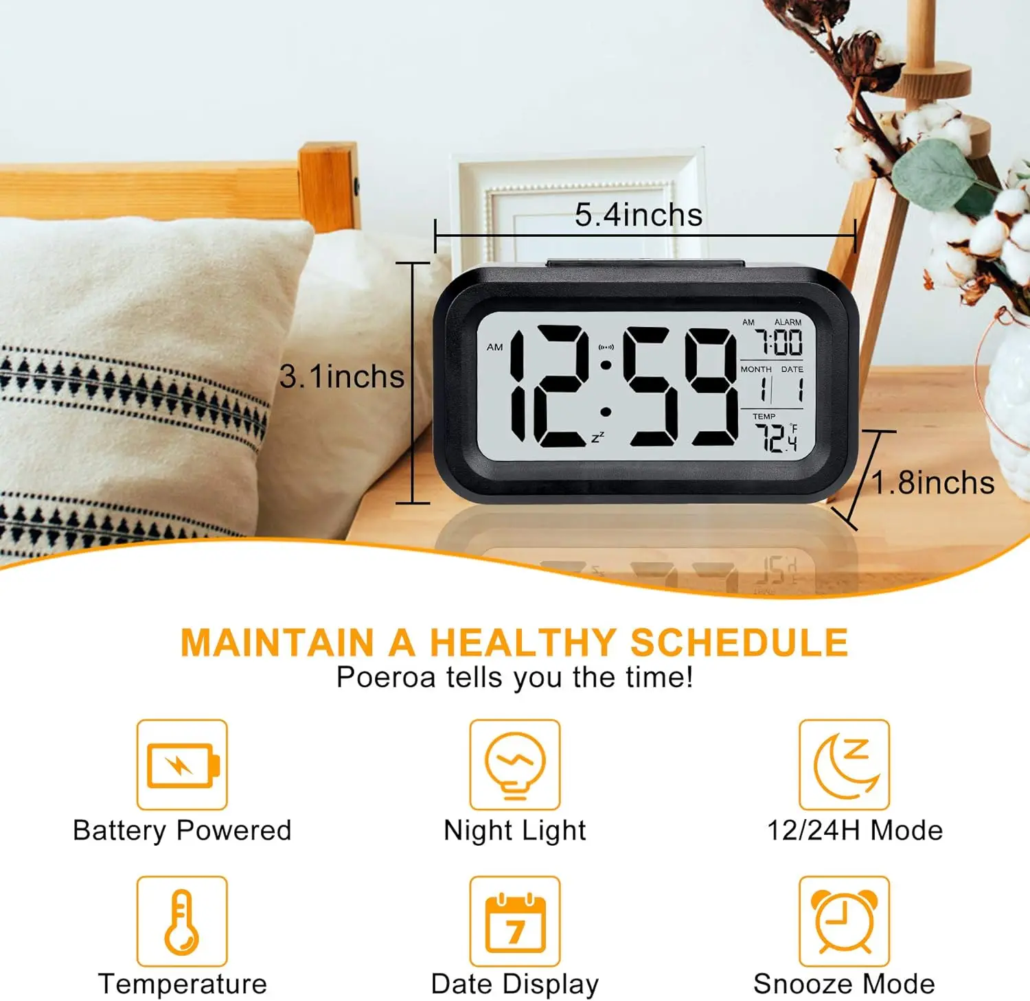 LCD digital clock large display calendar date time and temperature led table desk clock smart night light alarm clock