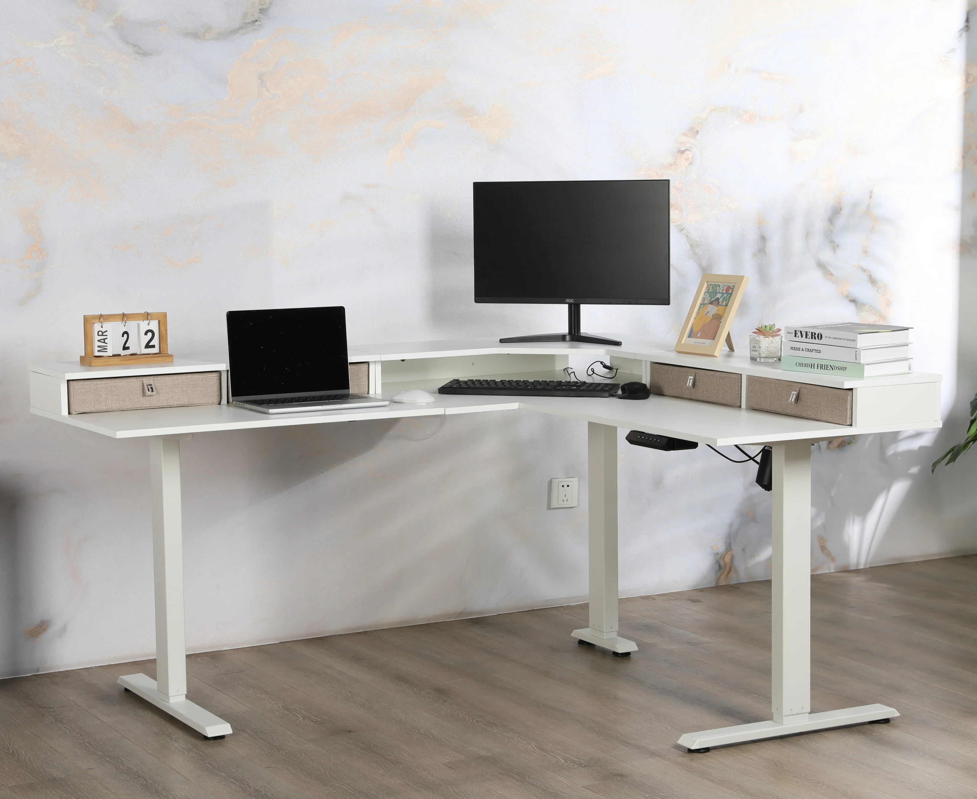 Electric height adjustable corner desk with desktops