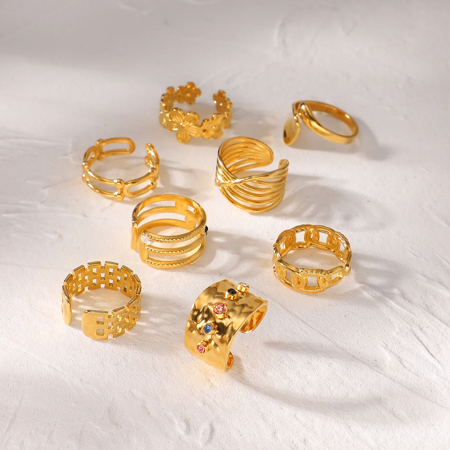 YICAI 18k Gold Link Chain Open Ring Geometric Twisted Wide Band Adjustable Cheap Stainless Steel Jewelry Ring Set For Women