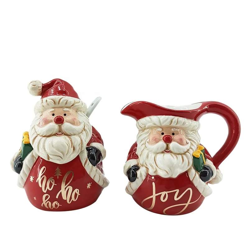 2021 New Christmas Sugar Jar with Spoon  and Milk Pot with Handle  Christmas decoration ceramic sugar and cream set