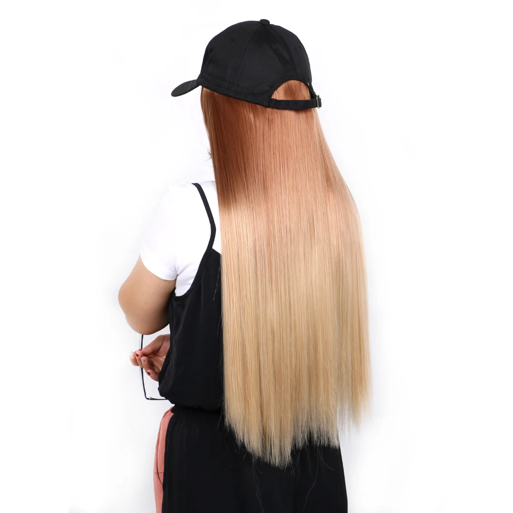 Wholesale Long Straight 22 Inch Hat With Wig Heat Resistant Black Hair Wig Hat