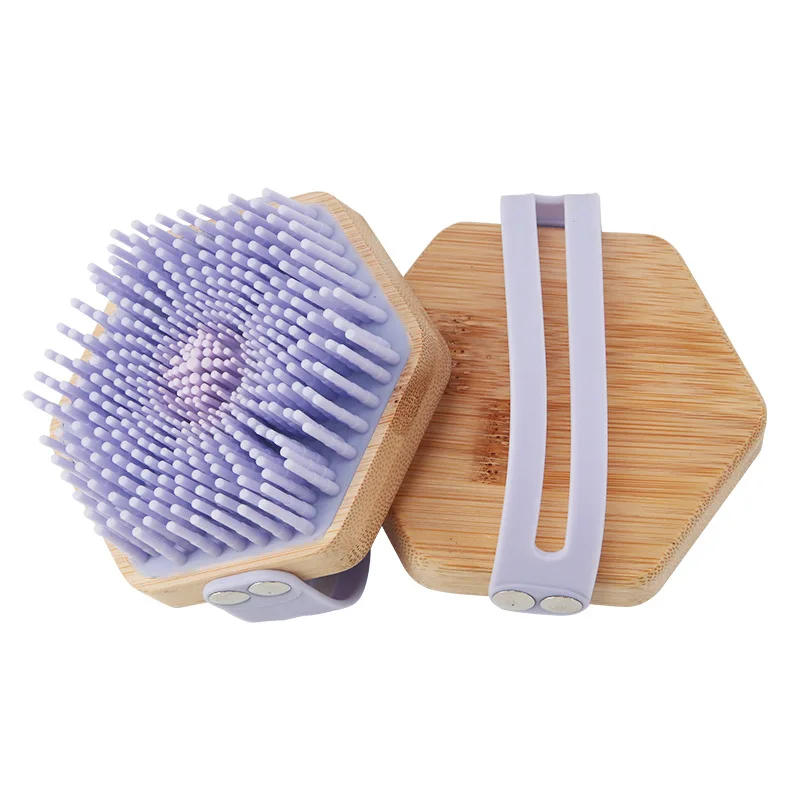 CM Hexagonal Solid wood handle brush in silicone hair bath and body Massage And Wash Hair Tool