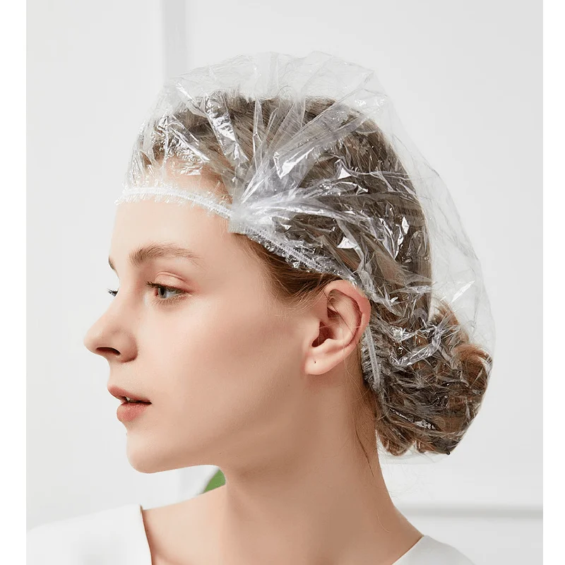 Custom 100~200pcs Waterproof Thickening Elastic Clear Bathing Cap Salon Hotel Travel Disposable Plastic Pe Shower Cap For Unisex